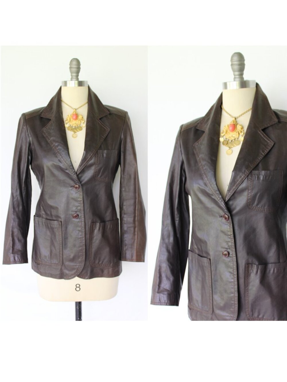 Kenneth Warren LTD Vintage 70's brown leather Spy coat jacket blazer moto S